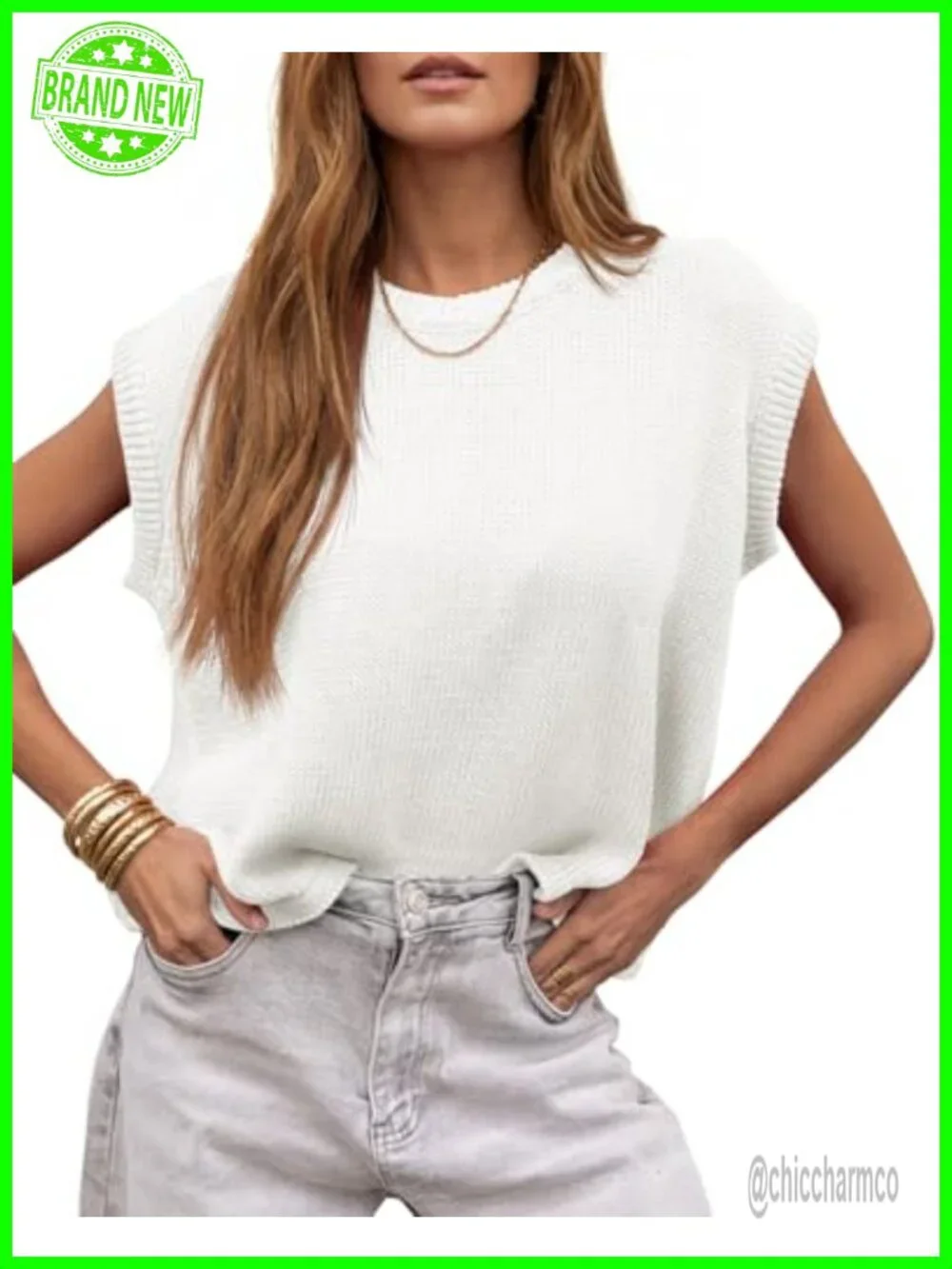 Womens Cap Sleeve Waffle Knit Sweater Vest Casual Loose Summer Top